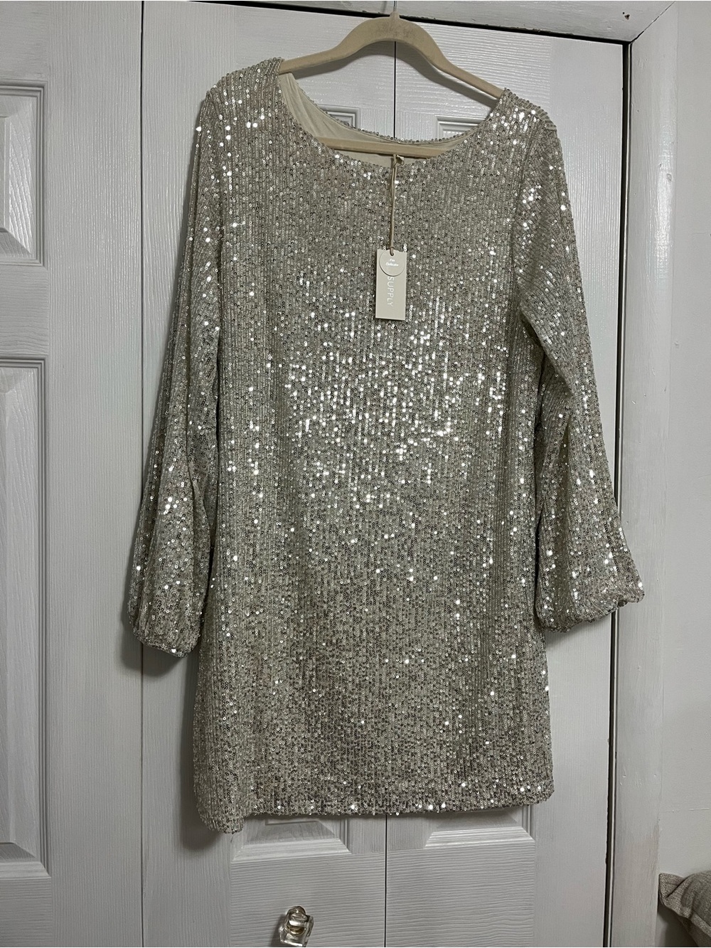 Zsupply Sequin Long Sleeve Shift Dress - Champagne